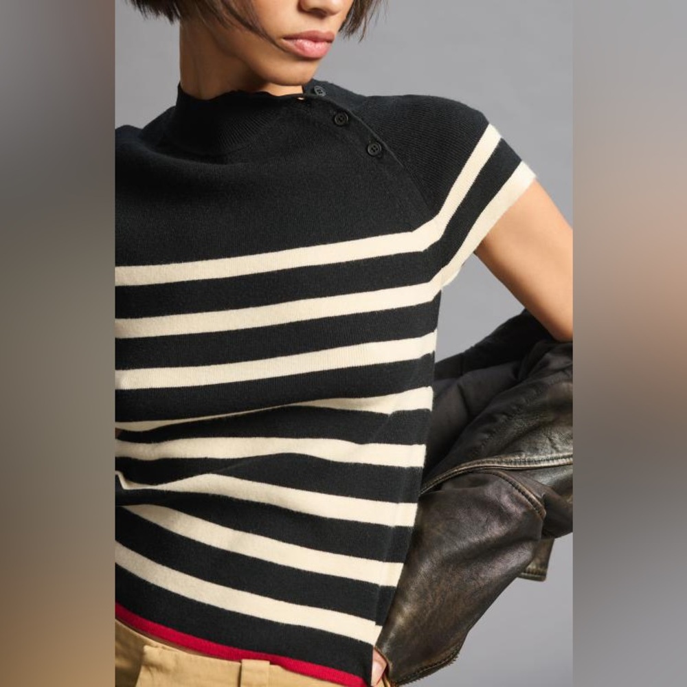 Anthropologie Maeve Mock Neck Striped Short Sleeve Sweater
